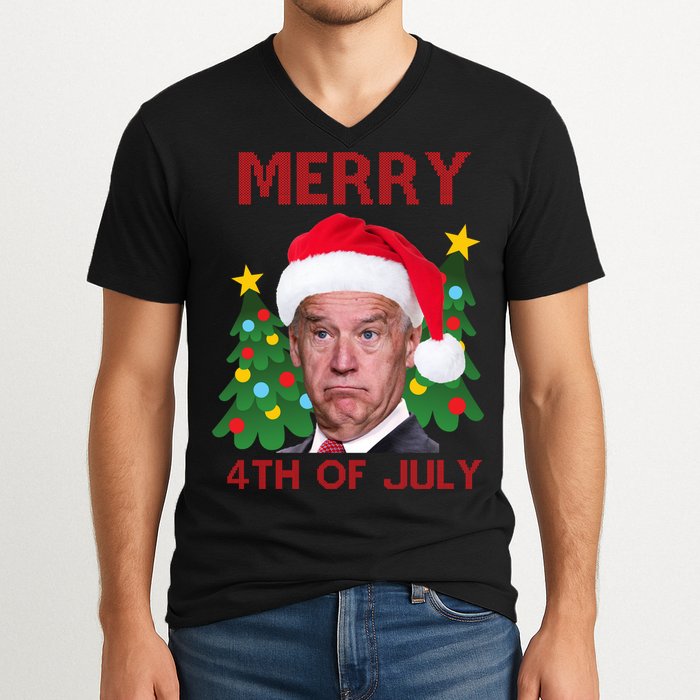 Merry 4th Of July Funny Joe Biden Ugly Christmas V-Neck T-Shirt