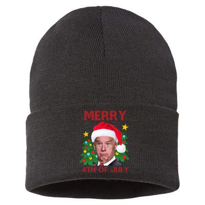 Merry 4th Of July Funny Joe Biden Ugly Christmas Sustainable Knit Beanie