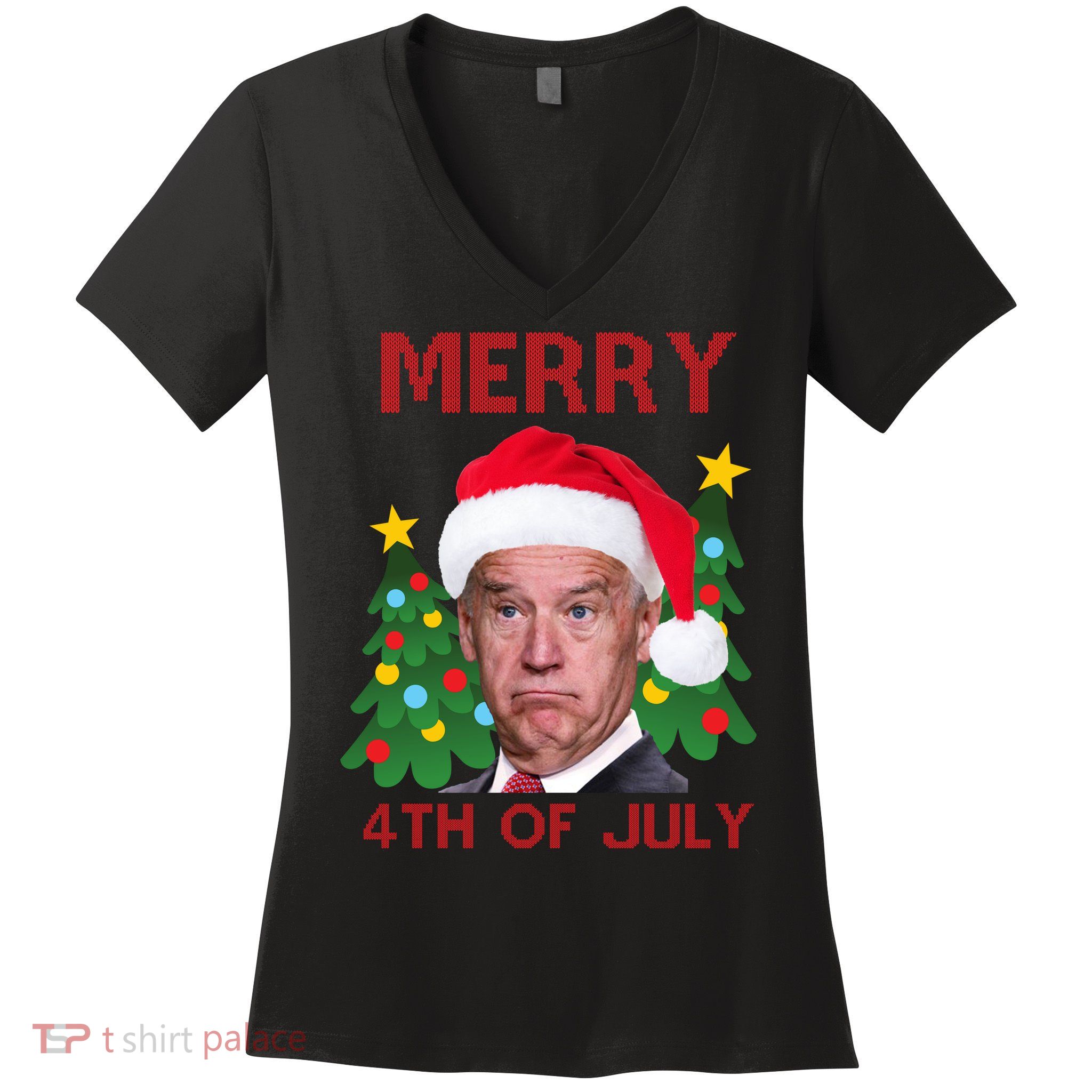 Merry 4th Of July Funny Joe Biden Ugly Christmas Women's V-Neck T-Shirt