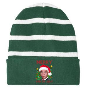 Merry 4th Of July Funny Joe Biden Ugly Christmas Striped Beanie with Solid Band