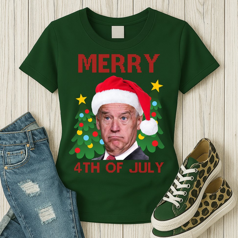 Merry 4th Of July Funny Joe Biden Ugly Christmas Womens T-Shirt