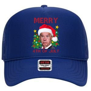 Merry 4th Of July Funny Joe Biden Ugly Christmas High Crown Mesh Back Trucker Hat