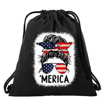 Merica 4th of July Wo Mom American Flag US Bleached Drawstring Bag