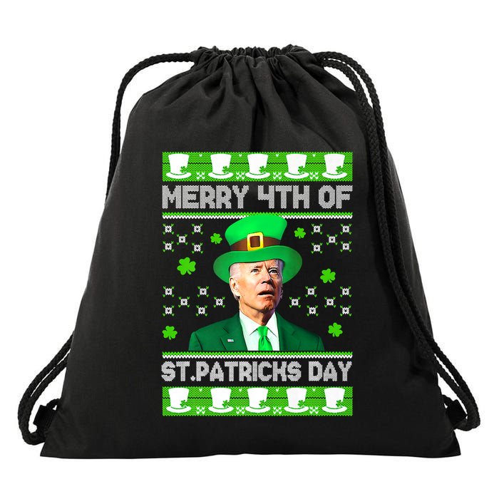 Merry 4th Of St Patricks Day Joe Biden Leprechaun Hat Clover Drawstring Bag