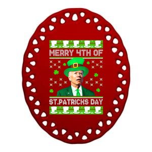 Merry 4th Of St Patricks Day Joe Biden Leprechaun Hat Clover Ceramic Oval Ornament