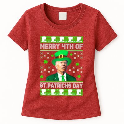 Merry 4th Of St Patricks Day Joe Biden Leprechaun Hat Clover Womens T-Shirt