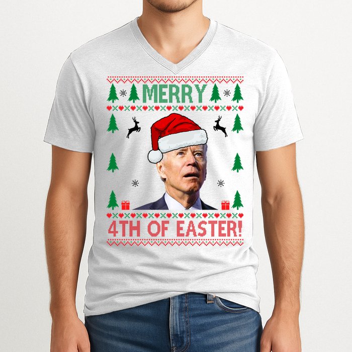 Merry 4th Of Easter Funny Joe Biden Ugly Christmas V-Neck T-Shirt