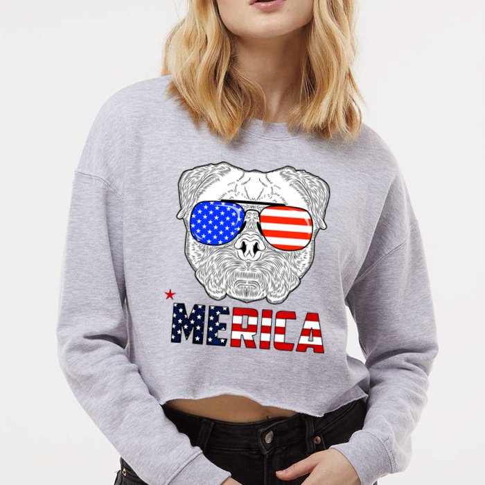 Merica 4th Of July Cool Bulldog Funny Cropped Pullover Crew