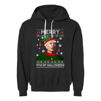 Merry 4th Of Halloween Funny Joe Biden Christmas Ugly Sweater Garment-Dyed Fleece Hoodie