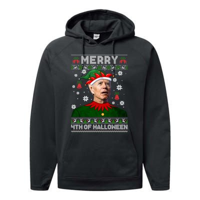 Merry 4th Of Halloween Funny Joe Biden Christmas Ugly Sweater Performance Fleece Hoodie