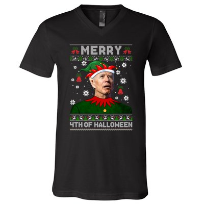 Merry 4th Of Halloween Funny Joe Biden Christmas Ugly Sweater V-Neck T-Shirt