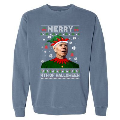 Merry 4th Of Halloween Funny Joe Biden Christmas Ugly Sweater Garment-Dyed Sweatshirt