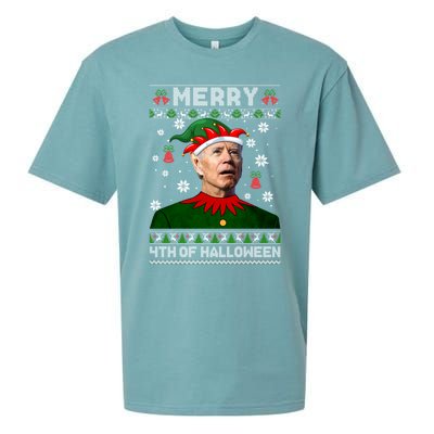 Merry 4th Of Halloween Funny Joe Biden Christmas Ugly Sweater Sueded Cloud Jersey T-Shirt