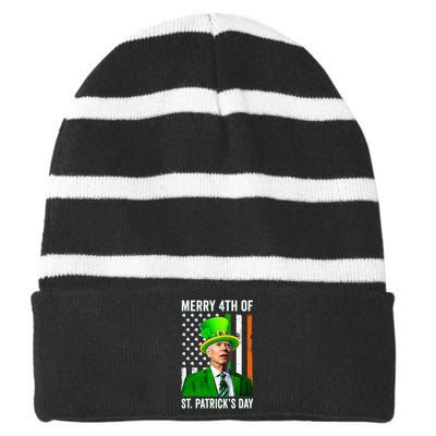 Merry 4th Of St Patrick's Day Joe Biden Leprechaun Hat  Striped Beanie with Solid Band