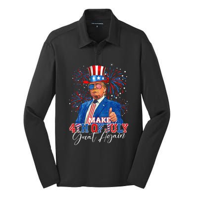 Make 4th Of July Great Again Patriotic Firework Donald Trump Silk Touch Performance Long Sleeve Polo