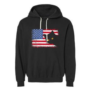 Meowica 4th of July Cat American Flag America USA Funny Garment-Dyed Fleece Hoodie