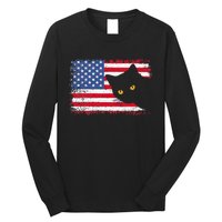 Meowica 4th of July Cat American Flag America USA Funny Long Sleeve Shirt