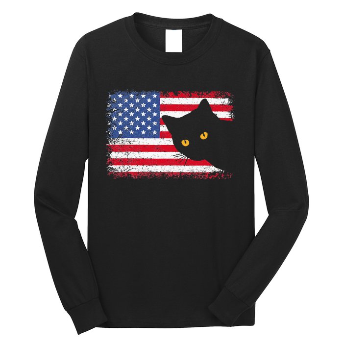 Meowica 4th of July Cat American Flag America USA Funny Long Sleeve Shirt