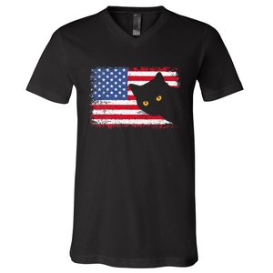 Meowica 4th of July Cat American Flag America USA Funny V-Neck T-Shirt