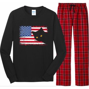 Meowica 4th of July Cat American Flag America USA Funny Long Sleeve Pajama Set