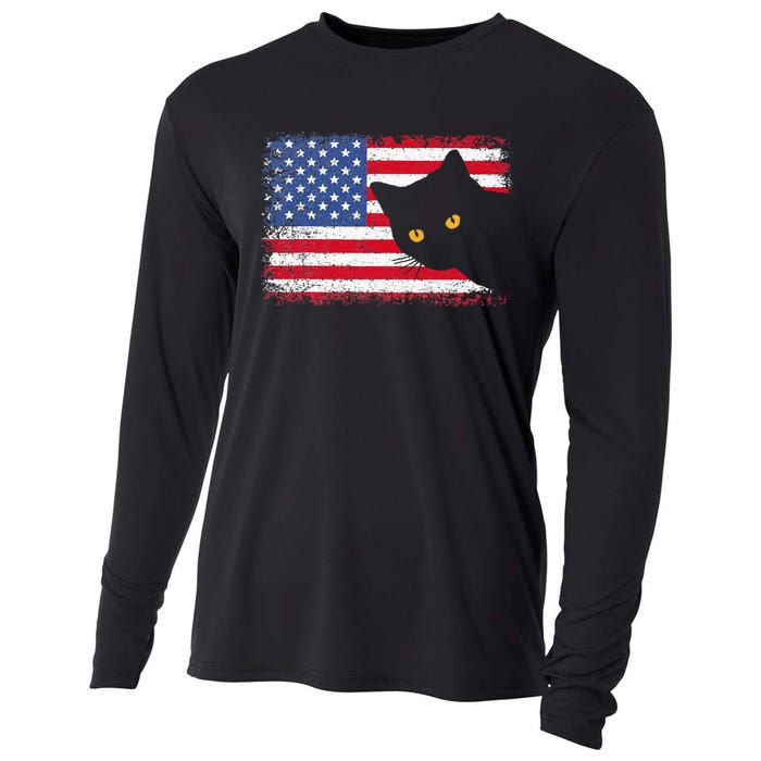 Meowica 4th of July Cat American Flag America USA Funny Cooling Performance Long Sleeve Crew