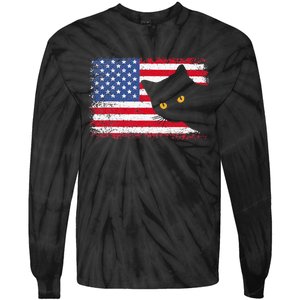 Meowica 4th of July Cat American Flag America USA Funny Tie-Dye Long Sleeve Shirt