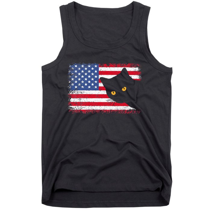 Meowica 4th of July Cat American Flag America USA Funny Tank Top