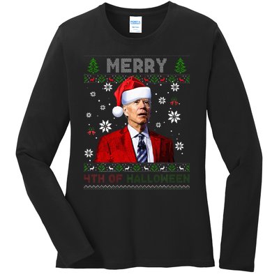 Merry 4th Of Halloween Funny Biden Ugly Christmas Sweater Ladies Long Sleeve Shirt