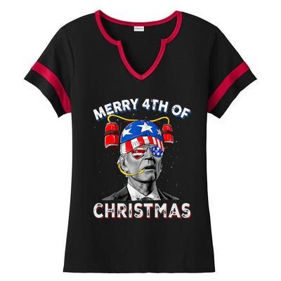 Merry 4th Of Christmas Funny Joe Biden Confused 4th Of July Ladies Halftime Notch Neck Tee