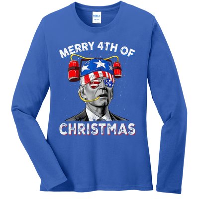 Merry 4th Of Christmas Funny Joe Biden Confused 4th Of July Ladies Long Sleeve Shirt