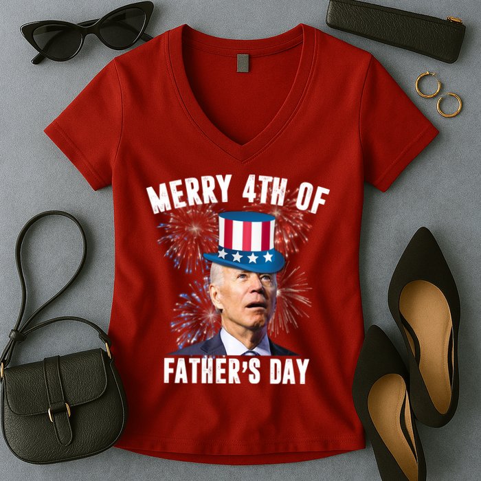 Merry 4th Of Father's Day Joe Biden Funny Gift For Dad Women's V-Neck T-Shirt
