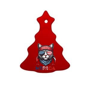 Merica 4th Of July Patriotic Cat Usa Flag Independence Funny Ceramic Tree Ornament