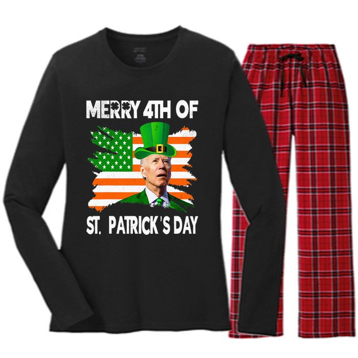 Merry 4th Of St Patrick's Day Funny Joe Biden Leprechaun Hat Women's Long Sleeve Flannel Pajama Set 