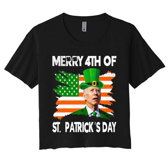 Merry 4th Of St Patrick's Day Funny Joe Biden Leprechaun Hat Women's Crop Top Tee