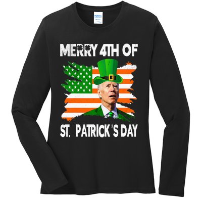 Merry 4th Of St Patrick's Day Funny Joe Biden Leprechaun Hat Ladies Long Sleeve Shirt