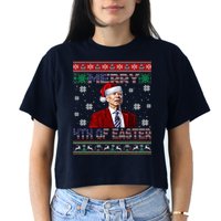 Merry 4th Of Easter Funny Joe Biden Christmas Ugly Sweater Crop Top