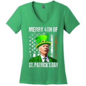 Merry 4th Of St PatrickS Day Funny Joe Biden Leprechaun Hat Women's V-Neck T-Shirt