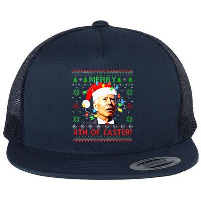 Merry 4th Of Easter Santa Joe Biden Ugly Christmas Sweater  Flat Bill Trucker Hat