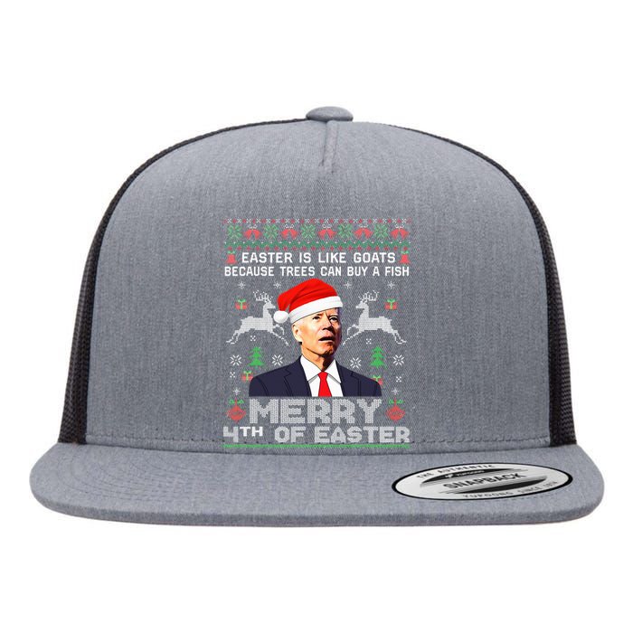 Merry 4th Of Easter Funny Biden Ugly Christmas Sweater  Flat Bill Trucker Hat