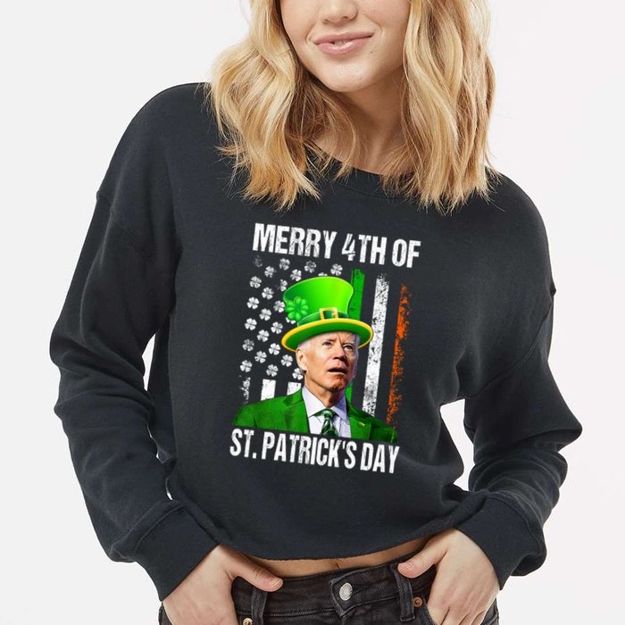 Merry 4th Of St PatrickS Day Funny Joe Biden Leprechaun Hat Cropped Pullover Crew