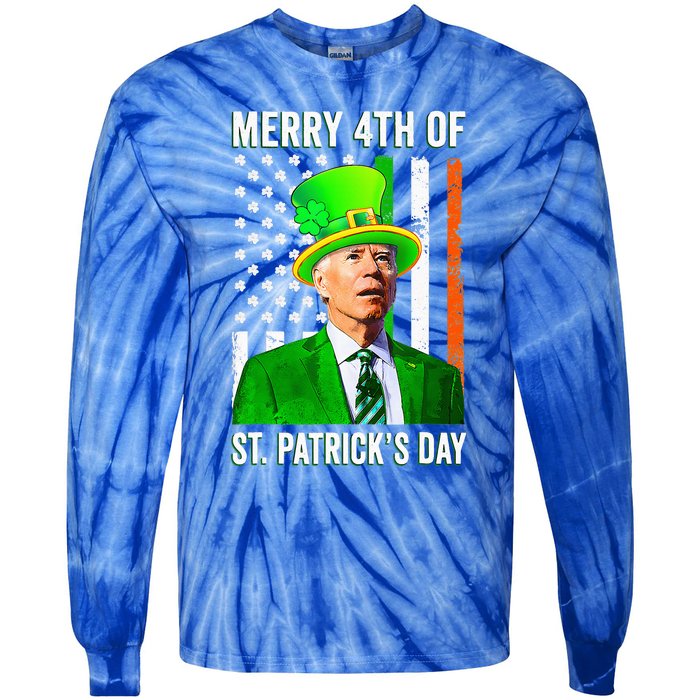 Merry 4th Of St Patrick's Day Joe Biden Leprechaun Hat Tie-Dye Long Sleeve Shirt