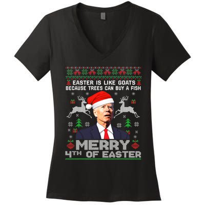 Merry 4th Of Easter Funny Biden Ugly Christmas Sweater Women's V-Neck T-Shirt