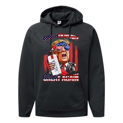 Make 4th Of July Great Again Funny Trump Drinking Beer Performance Fleece Hoodie