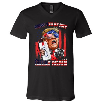 Make 4th Of July Great Again Funny Trump Drinking Beer V-Neck T-Shirt