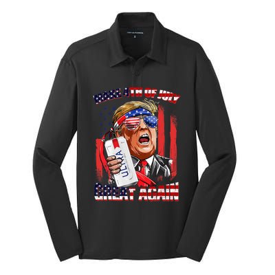 Make 4th Of July Great Again Funny Trump Drinking Beer Silk Touch Performance Long Sleeve Polo