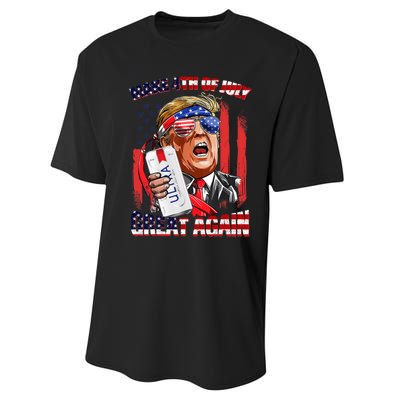 Make 4th Of July Great Again Funny Trump Drinking Beer Performance Sprint T-Shirt