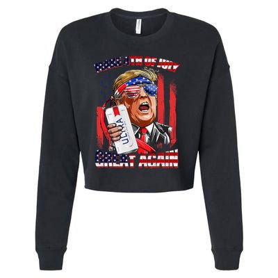 Make 4th Of July Great Again Funny Trump Drinking Beer Cropped Pullover Crew