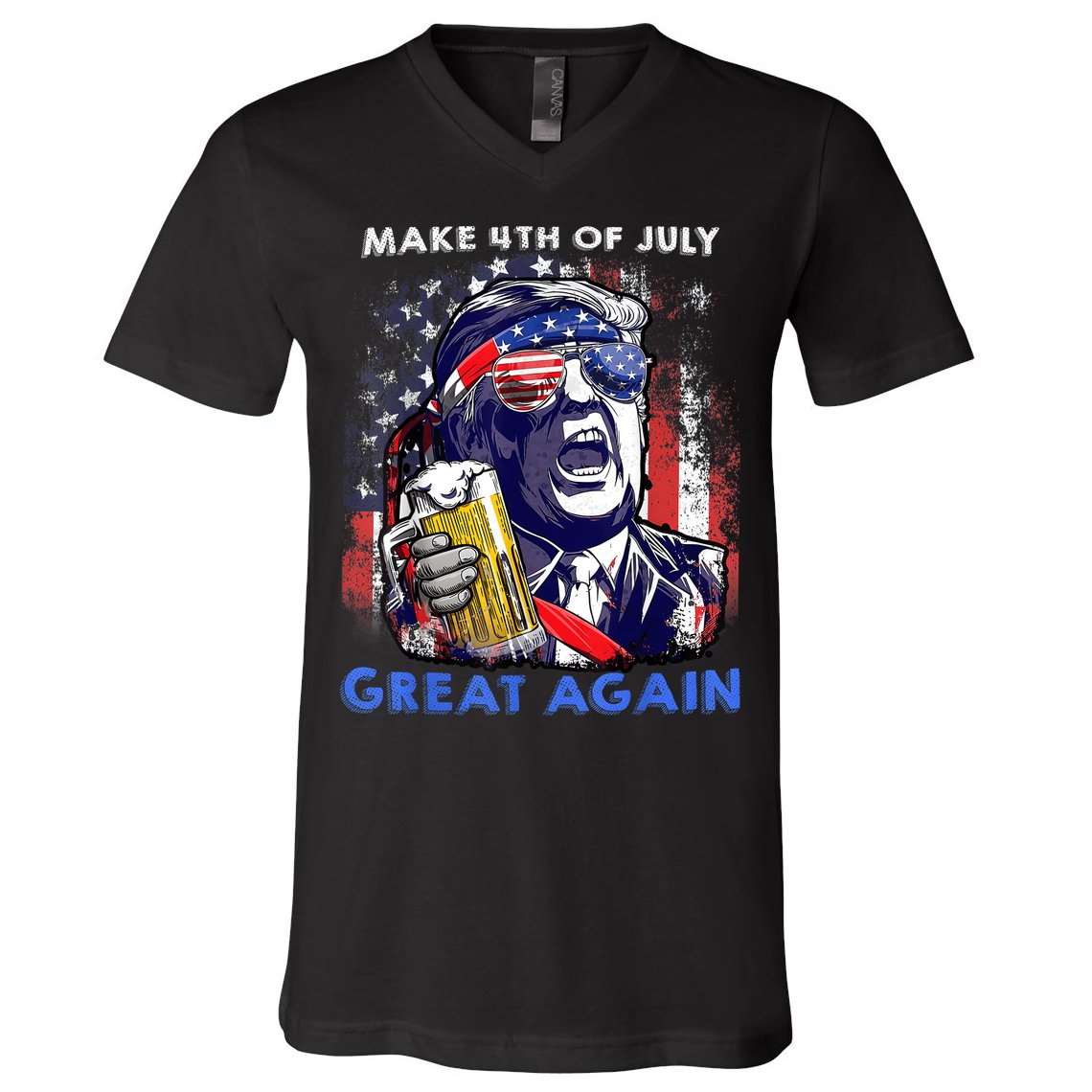 Make 4th Of July Great Again Funny Trump Drinking Beer V-Neck T-Shirt