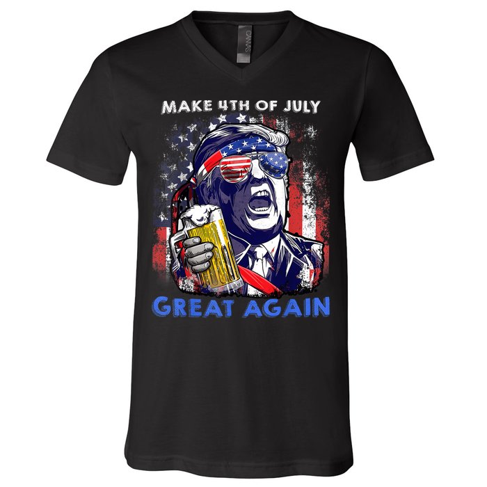 Make 4th Of July Great Again Funny Trump Drinking Beer V-Neck T-Shirt