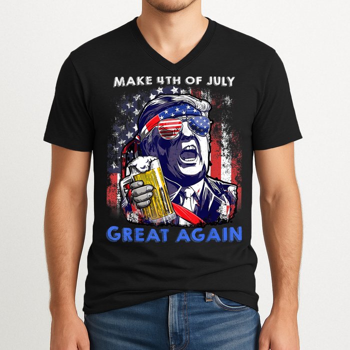 Make 4th Of July Great Again Funny Trump Drinking Beer V-Neck T-Shirt